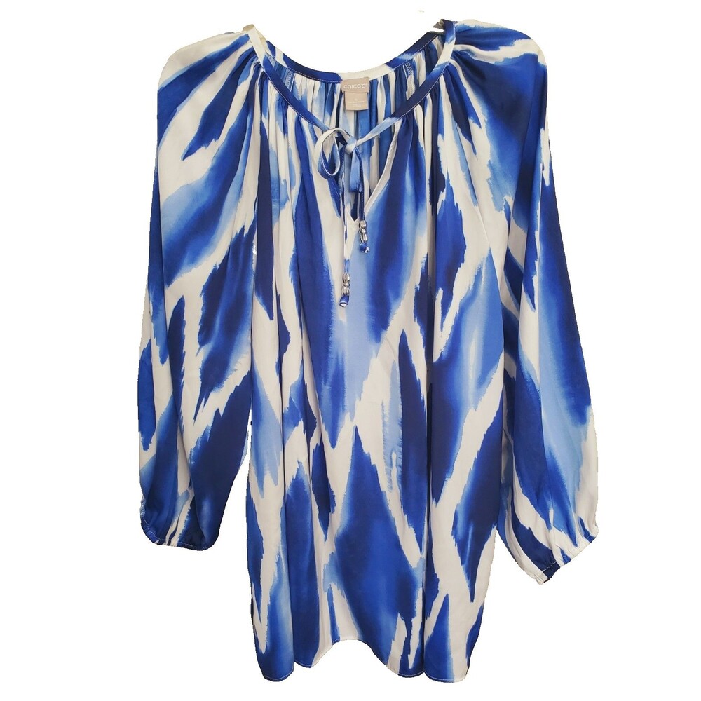 Chico's Blue Watercolor Print Tie-Neck Lightweight Woven Top Size 4 (XXL)